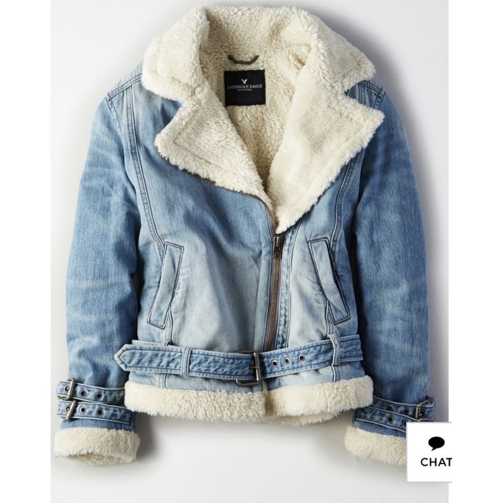 NWT American Eagle Sherpa Lined Denim Jacket S Jean Aviator Biker Moto Cozy